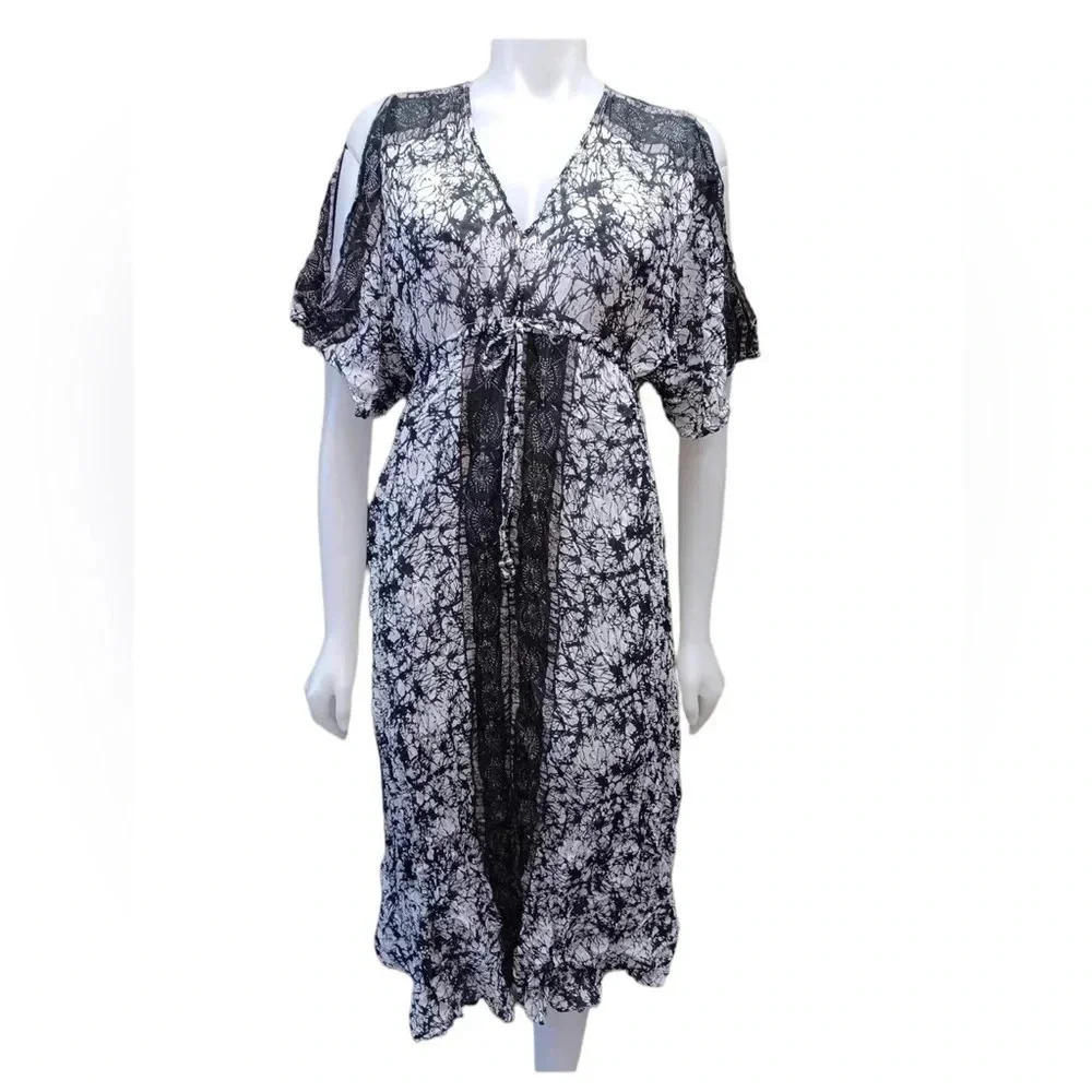 Free People Print Sheer Chiffon Cold Shoulder MIDI Dress Size Small
